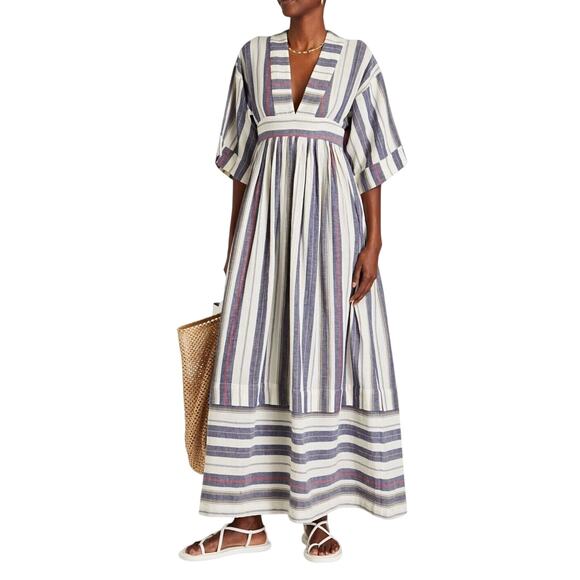 Three Graces London Ferrer Tan Blue Red Stripe Short Cuff Sleeve V-Neck Dress 10 - Picture 1 of 16